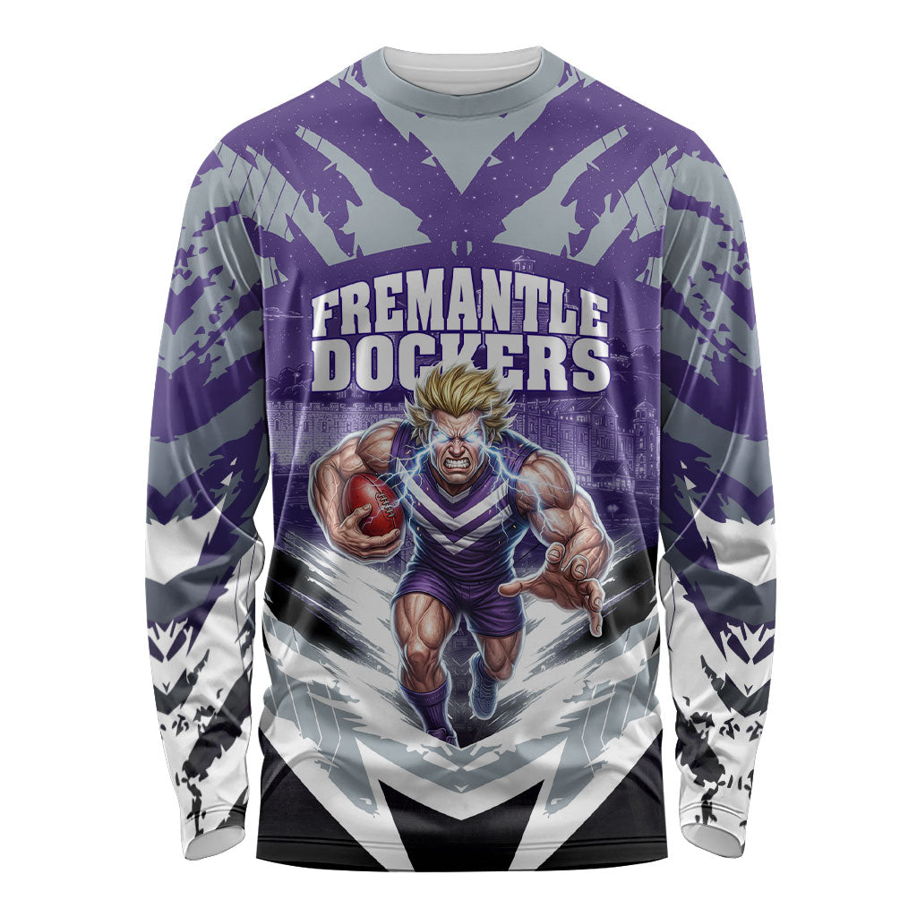 Personalised Fremantle Dockers Football Long Sleeve Shirt Anime Warrior Manga Style Lightning Bolt Cityscape