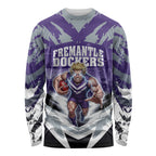 Personalised Fremantle Dockers Football Long Sleeve Shirt Anime Warrior Manga Style Lightning Bolt Cityscape