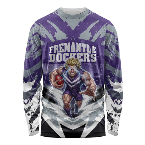 Personalised Fremantle Dockers Football Long Sleeve Shirt Anime Warrior Manga Style Lightning Bolt Cityscape