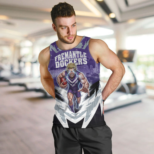 Personalised Fremantle Dockers Football Men Tank Top Anime Warrior Manga Style Lightning Bolt Cityscape