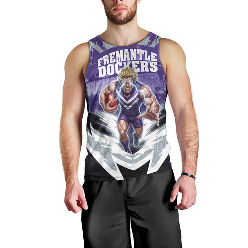 Personalised Fremantle Dockers Football Men Tank Top Anime Warrior Manga Style Lightning Bolt Cityscape