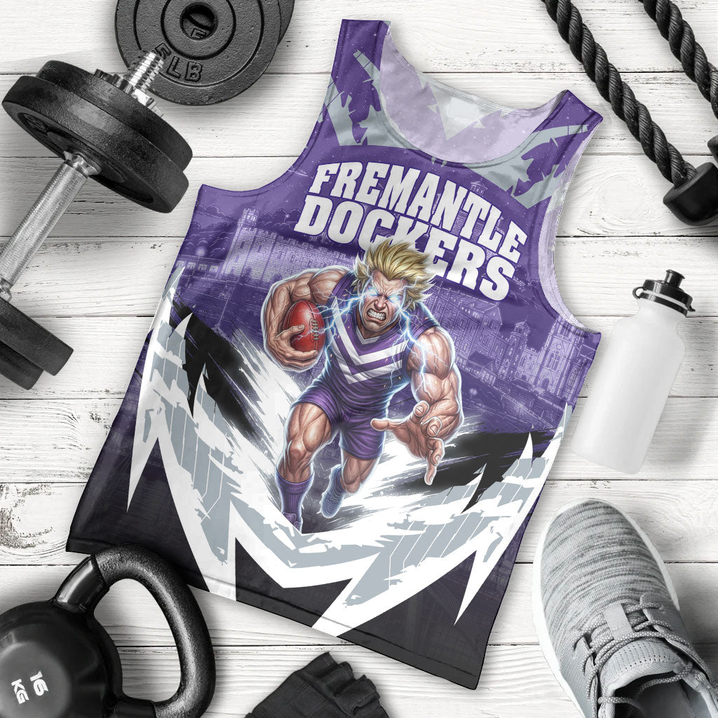 Personalised Fremantle Dockers Football Men Tank Top Anime Warrior Manga Style Lightning Bolt Cityscape