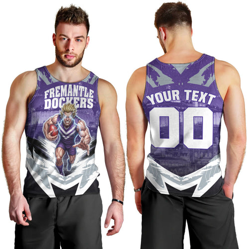 Personalised Fremantle Dockers Football Men Tank Top Anime Warrior Manga Style Lightning Bolt Cityscape