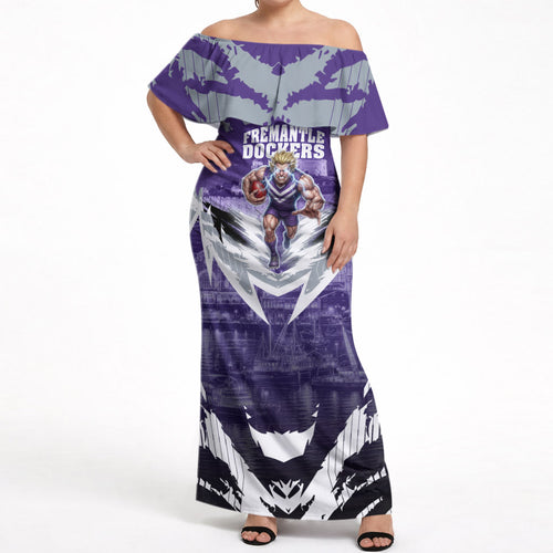 Personalised Fremantle Dockers Football Off Shoulder Maxi Dress Anime Warrior Manga Style Lightning Bolt Cityscape
