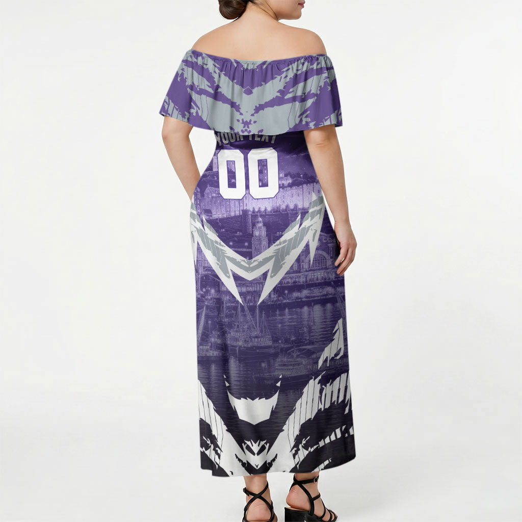 Personalised Fremantle Dockers Football Off Shoulder Maxi Dress Anime Warrior Manga Style Lightning Bolt Cityscape