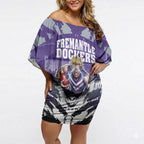 Personalised Fremantle Dockers Football Off Shoulder Short Dress Anime Warrior Manga Style Lightning Bolt Cityscape
