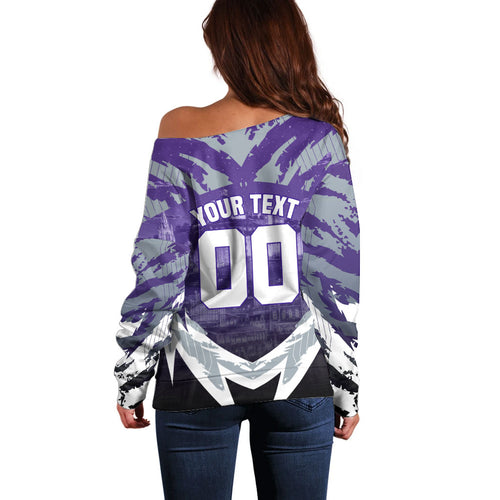 Personalised Fremantle Dockers Football Off Shoulder Sweater Anime Warrior Manga Style Lightning Bolt Cityscape
