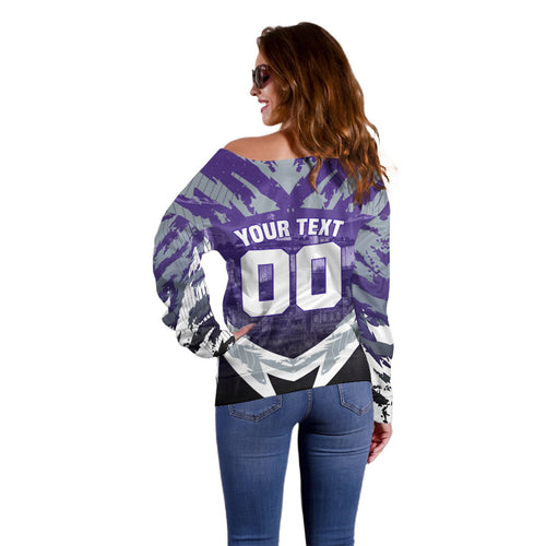 Personalised Fremantle Dockers Football Off Shoulder Sweater Anime Warrior Manga Style Lightning Bolt Cityscape