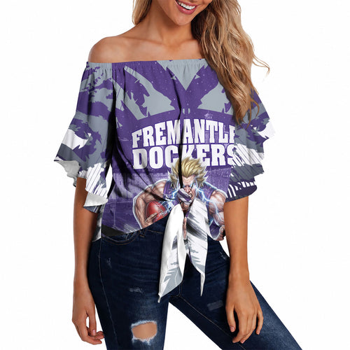 Personalised Fremantle Dockers Football Off Shoulder Wrap Waist Top Anime Warrior Manga Style Lightning Bolt Cityscape