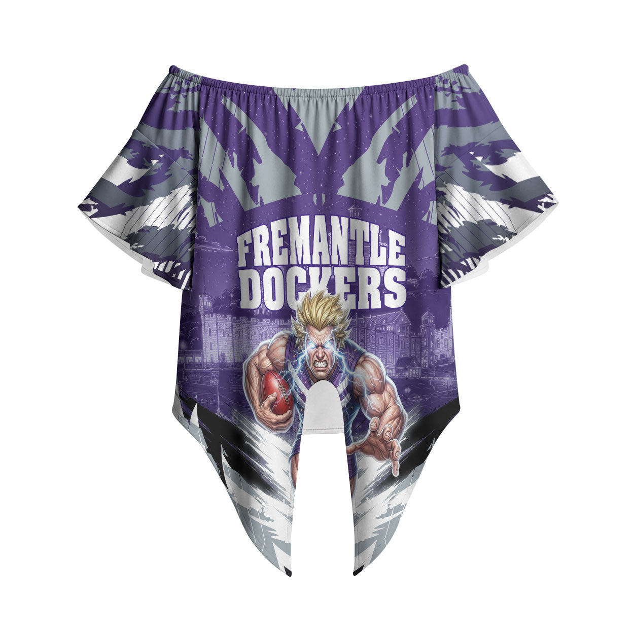 Personalised Fremantle Dockers Football Off Shoulder Wrap Waist Top Anime Warrior Manga Style Lightning Bolt Cityscape