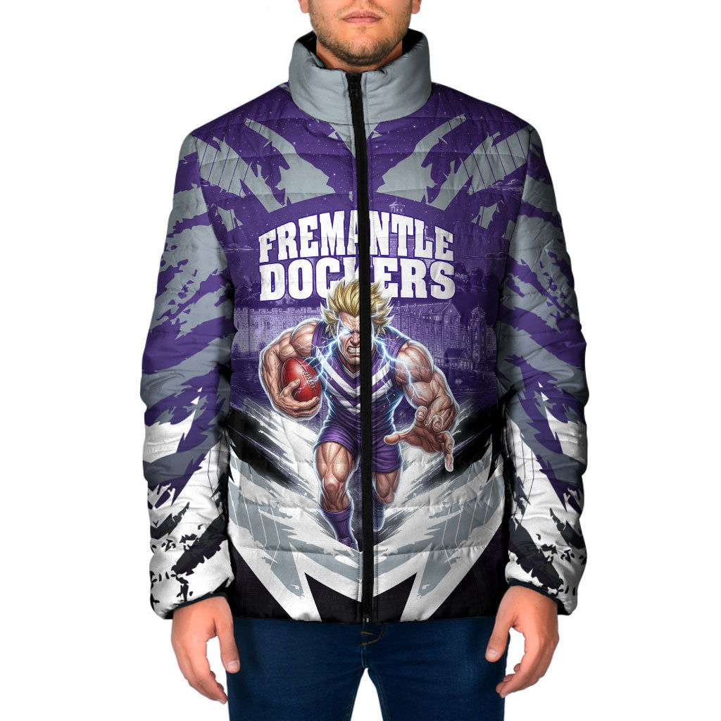 Personalised Fremantle Dockers Football Padded Jacket Anime Warrior Manga Style Lightning Bolt Cityscape