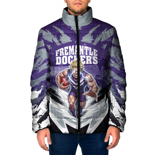 Personalised Fremantle Dockers Football Padded Jacket Anime Warrior Manga Style Lightning Bolt Cityscape