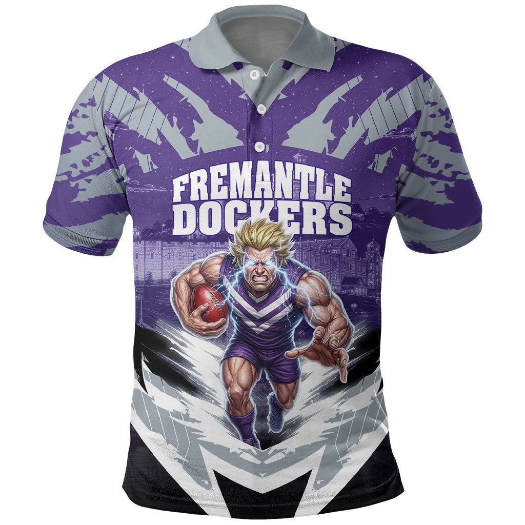 Personalised Fremantle Dockers Football Polo Shirt Anime Warrior Manga Style Lightning Bolt Cityscape