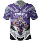 Personalised Fremantle Dockers Football Polo Shirt Anime Warrior Manga Style Lightning Bolt Cityscape