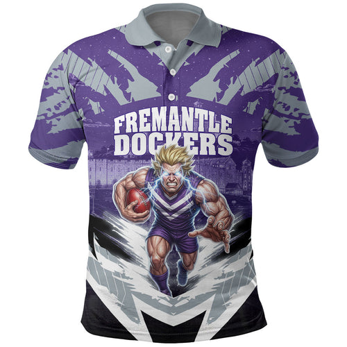 Personalised Fremantle Dockers Football Polo Shirt Anime Warrior Manga Style Lightning Bolt Cityscape