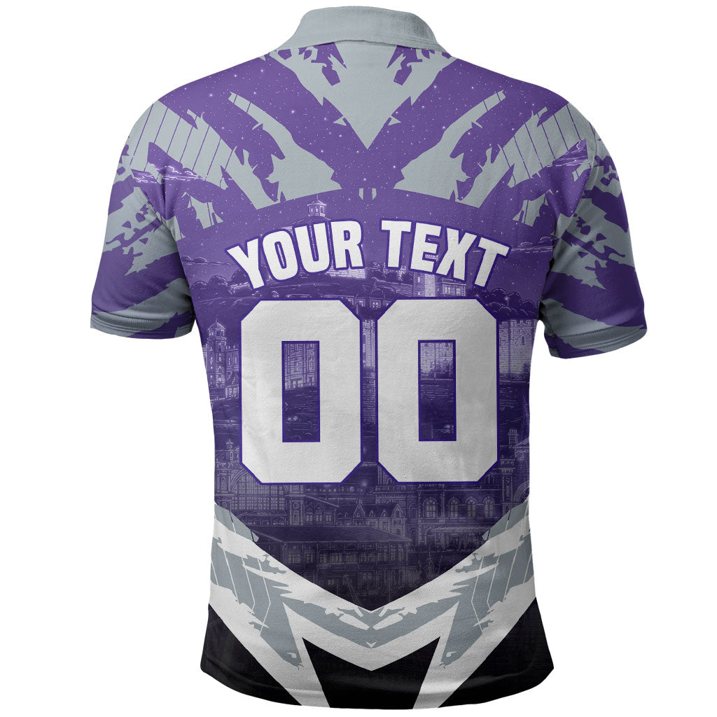Personalised Fremantle Dockers Football Polo Shirt Anime Warrior Manga Style Lightning Bolt Cityscape