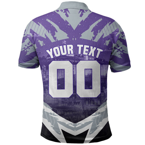 Personalised Fremantle Dockers Football Polo Shirt Anime Warrior Manga Style Lightning Bolt Cityscape
