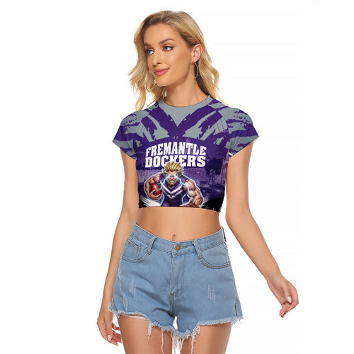 Personalised Fremantle Dockers Football Raglan Cropped T Shirt Anime Warrior Manga Style Lightning Bolt Cityscape
