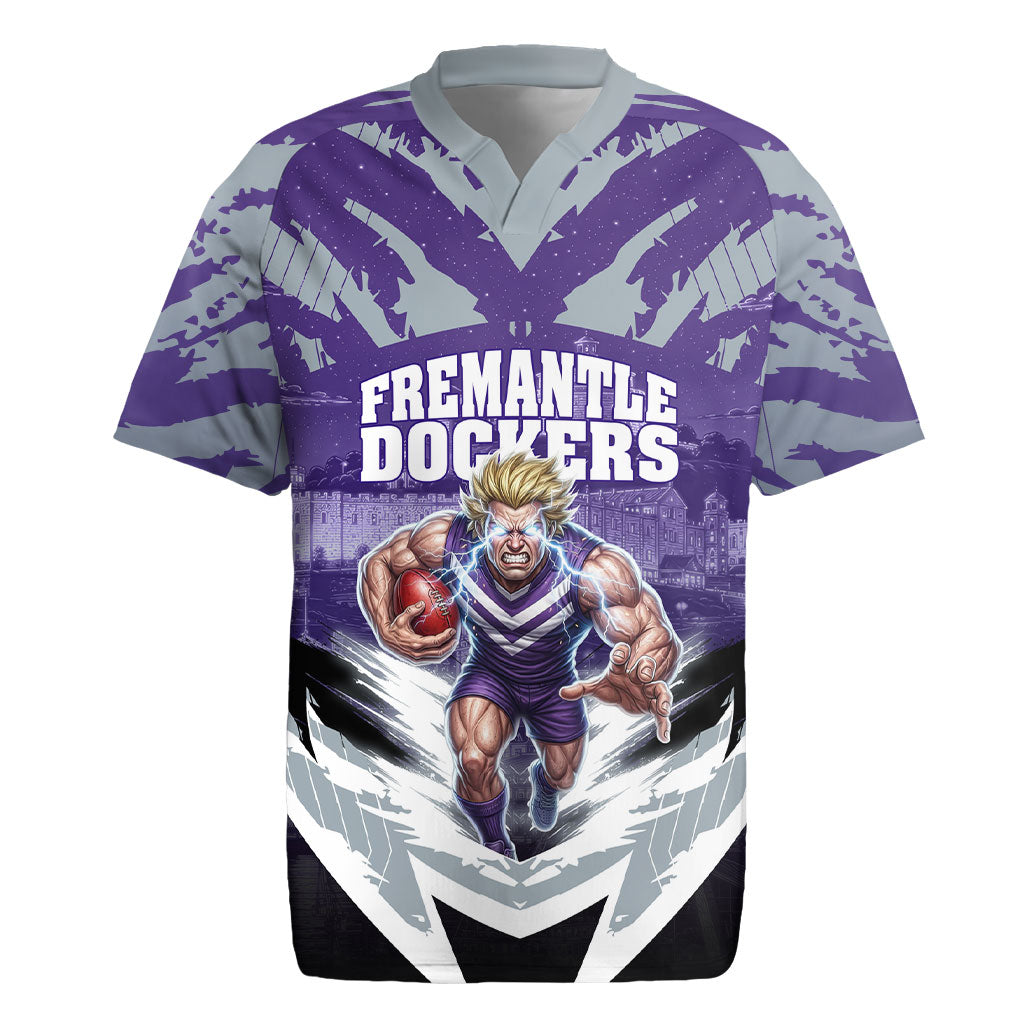 Personalised Fremantle Dockers Football Rugby Jersey Anime Warrior Manga Style Lightning Bolt Cityscape