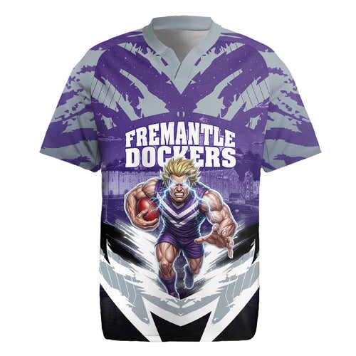 Personalised Fremantle Dockers Football Rugby Jersey Anime Warrior Manga Style Lightning Bolt Cityscape