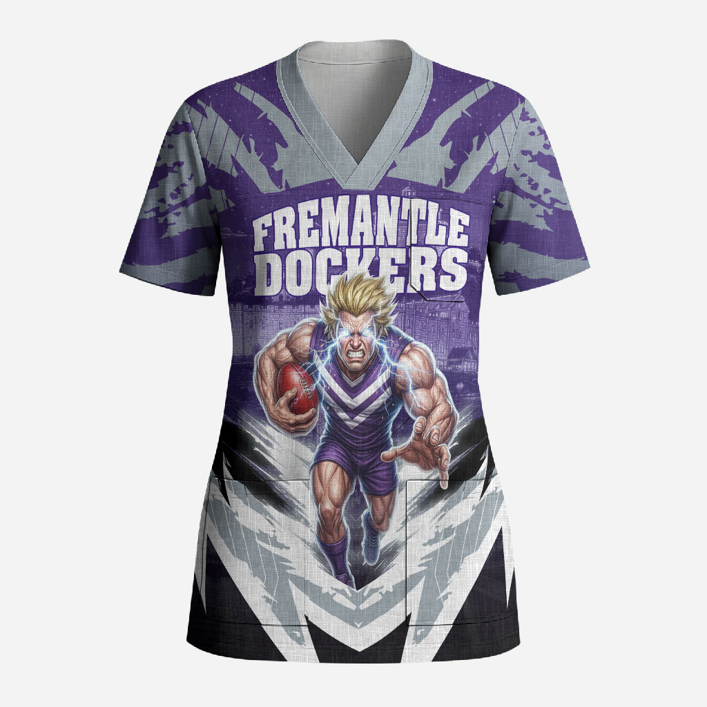 Personalised Fremantle Dockers Football Scrub Top Anime Warrior Manga Style Lightning Bolt Cityscape