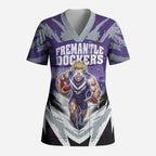 Personalised Fremantle Dockers Football Scrub Top Anime Warrior Manga Style Lightning Bolt Cityscape
