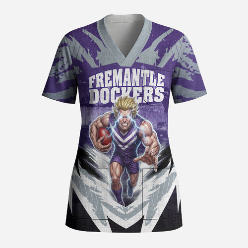 Personalised Fremantle Dockers Football Scrub Top Anime Warrior Manga Style Lightning Bolt Cityscape