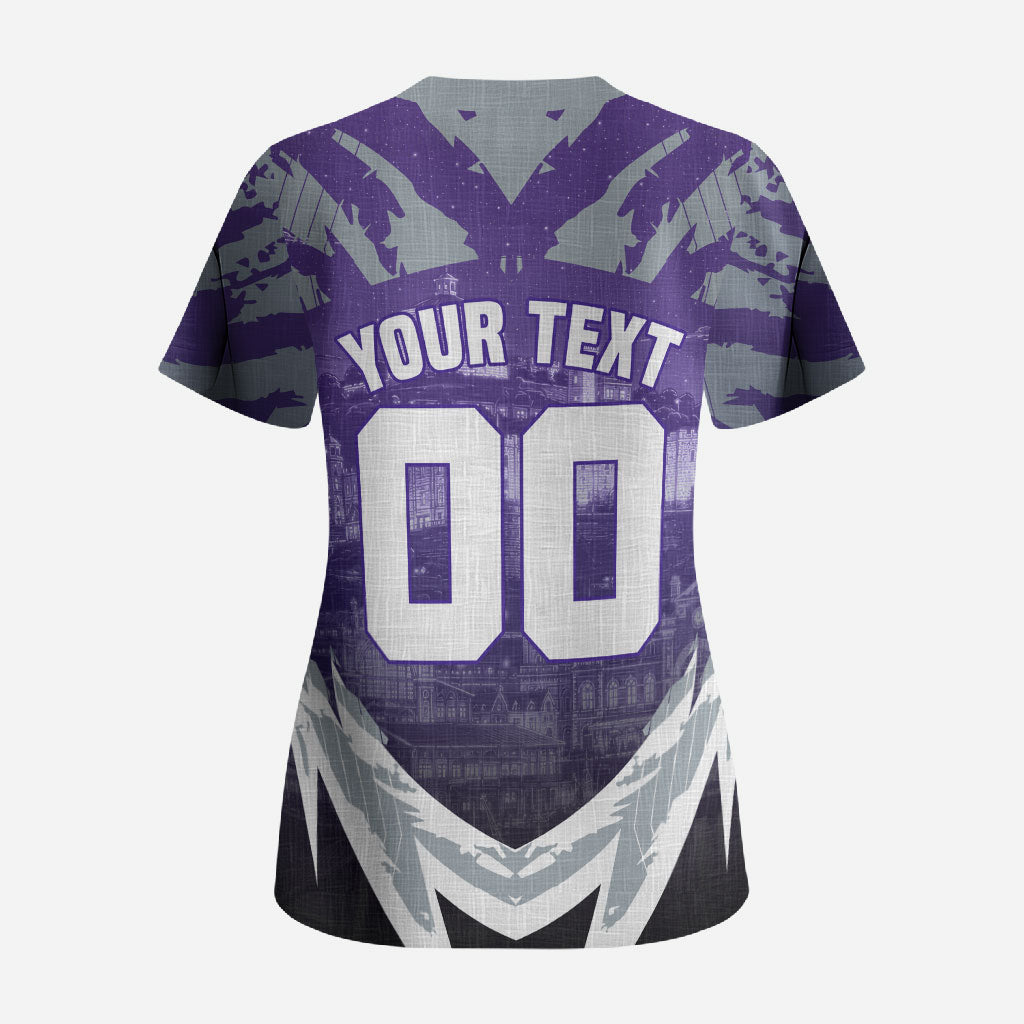 Personalised Fremantle Dockers Football Scrub Top Anime Warrior Manga Style Lightning Bolt Cityscape