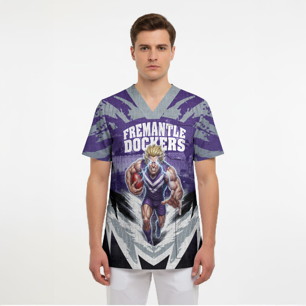 Personalised Fremantle Dockers Football Scrub Top Anime Warrior Manga Style Lightning Bolt Cityscape