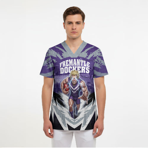 Personalised Fremantle Dockers Football Scrub Top Anime Warrior Manga Style Lightning Bolt Cityscape