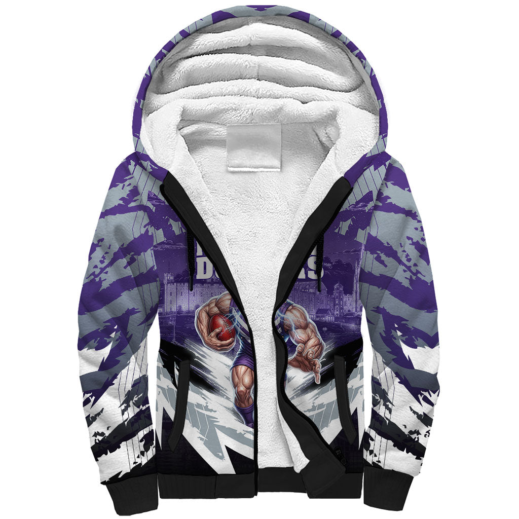 Personalised Fremantle Dockers Football Sherpa Hoodie Anime Warrior Manga Style Lightning Bolt Cityscape