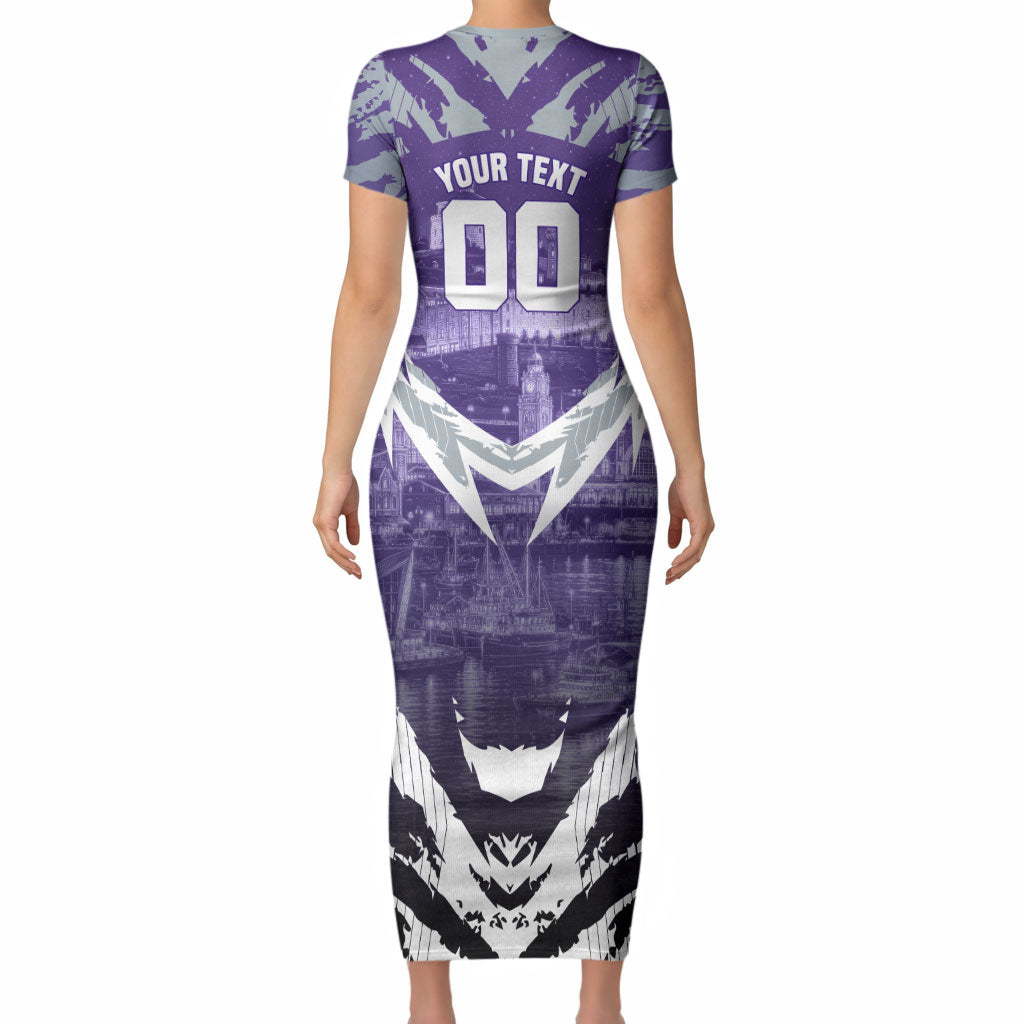 Personalised Fremantle Dockers Football Short Sleeve Bodycon Dress Anime Warrior Manga Style Lightning Bolt Cityscape