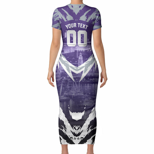 Personalised Fremantle Dockers Football Short Sleeve Bodycon Dress Anime Warrior Manga Style Lightning Bolt Cityscape