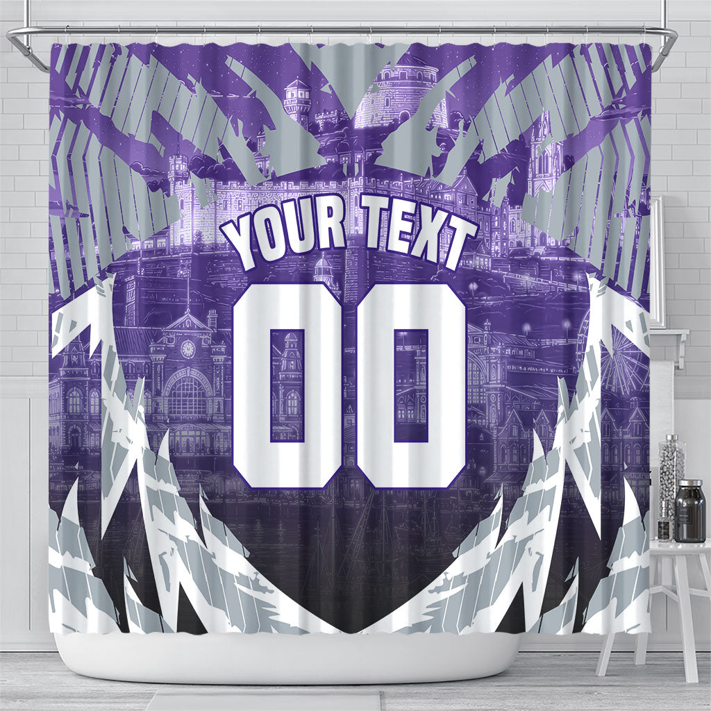 Personalised Fremantle Dockers Football Shower Curtain Anime Warrior Manga Style Lightning Bolt Cityscape