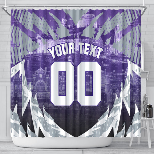 Personalised Fremantle Dockers Football Shower Curtain Anime Warrior Manga Style Lightning Bolt Cityscape