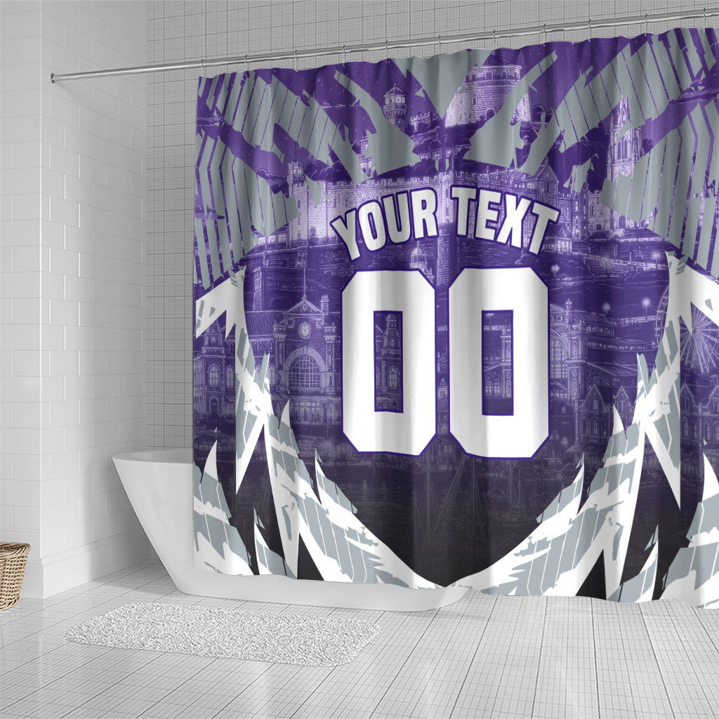 Personalised Fremantle Dockers Football Shower Curtain Anime Warrior Manga Style Lightning Bolt Cityscape