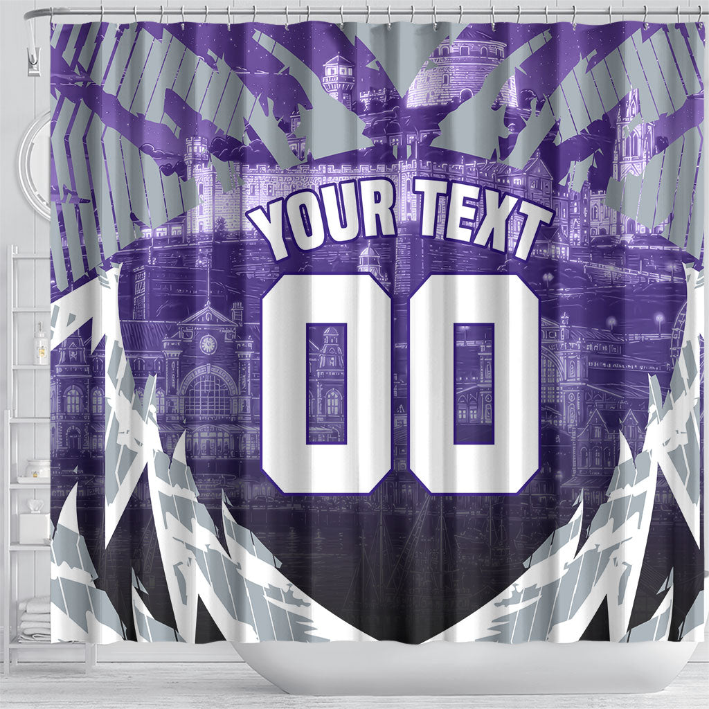 Personalised Fremantle Dockers Football Shower Curtain Anime Warrior Manga Style Lightning Bolt Cityscape