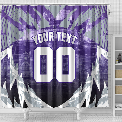 Personalised Fremantle Dockers Football Shower Curtain Anime Warrior Manga Style Lightning Bolt Cityscape