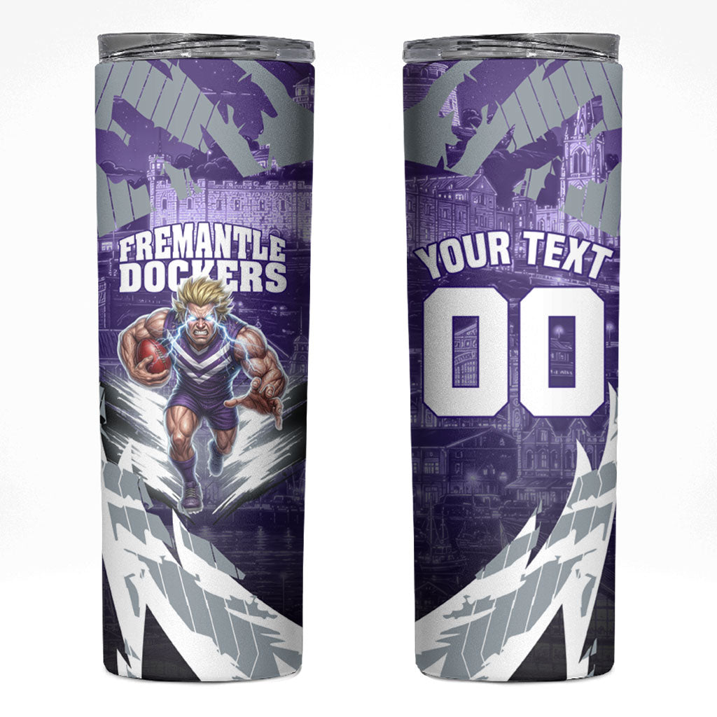 Personalised Fremantle Dockers Football Skinny Tumbler Anime Warrior Manga Style Lightning Bolt Cityscape