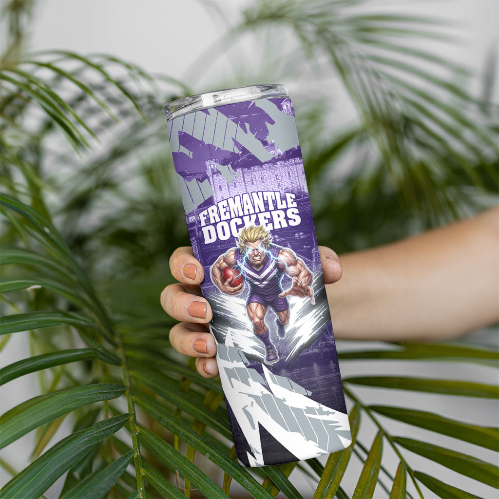 Personalised Fremantle Dockers Football Skinny Tumbler Anime Warrior Manga Style Lightning Bolt Cityscape