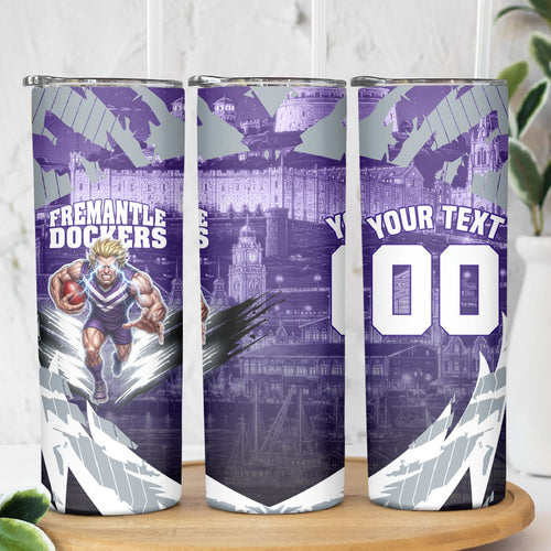 Personalised Fremantle Dockers Football Skinny Tumbler Anime Warrior Manga Style Lightning Bolt Cityscape