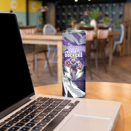 Personalised Fremantle Dockers Football Skinny Tumbler Anime Warrior Manga Style Lightning Bolt Cityscape
