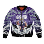 Personalised Fremantle Dockers Football Sleeve Zip Bomber Jacket Anime Warrior Manga Style Lightning Bolt Cityscape