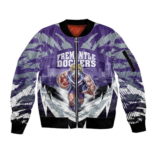 Personalised Fremantle Dockers Football Sleeve Zip Bomber Jacket Anime Warrior Manga Style Lightning Bolt Cityscape