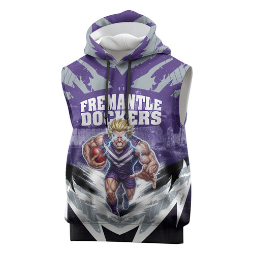Personalised Fremantle Dockers Football Sleeveless Hoodie Anime Warrior Manga Style Lightning Bolt Cityscape