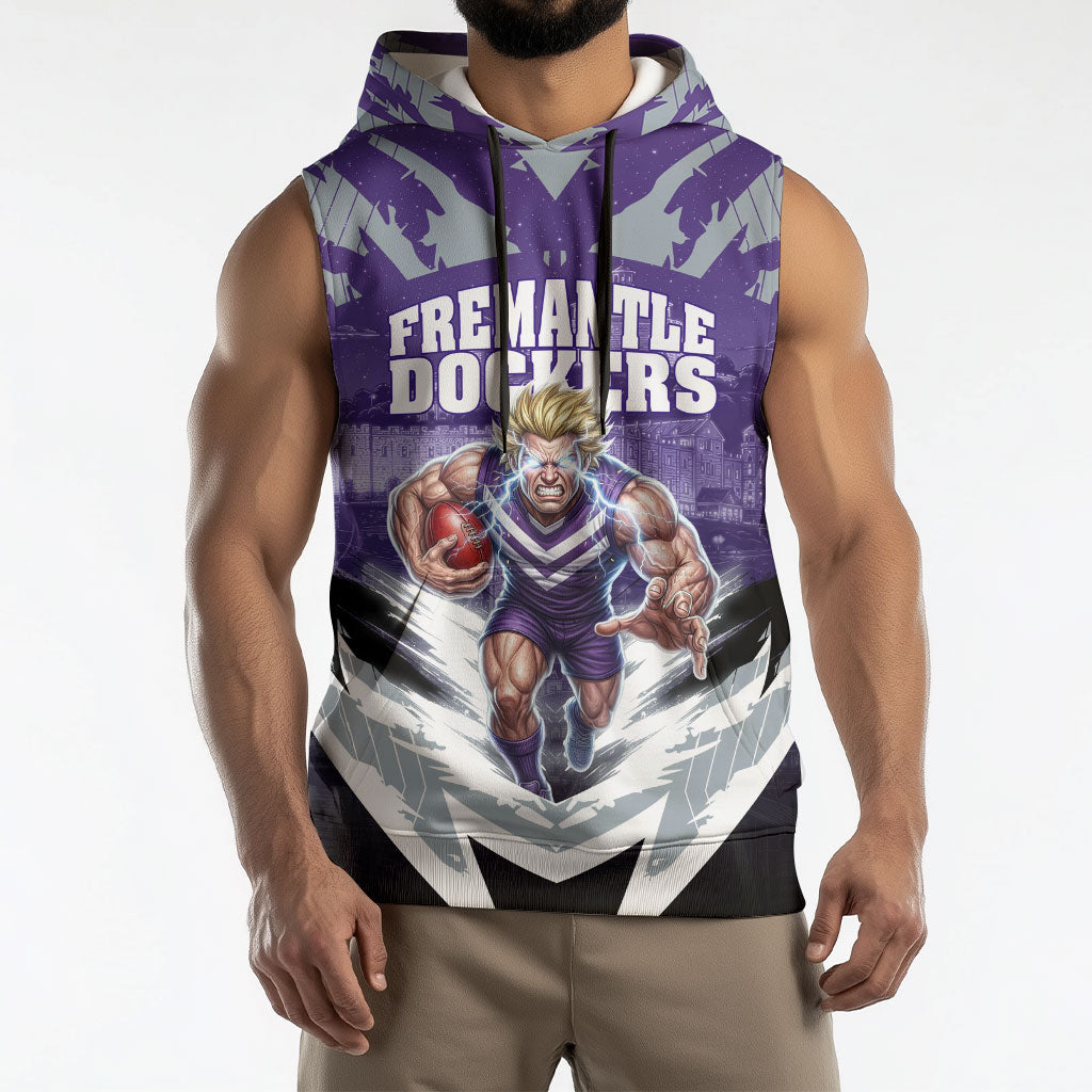 Personalised Fremantle Dockers Football Sleeveless Hoodie Anime Warrior Manga Style Lightning Bolt Cityscape