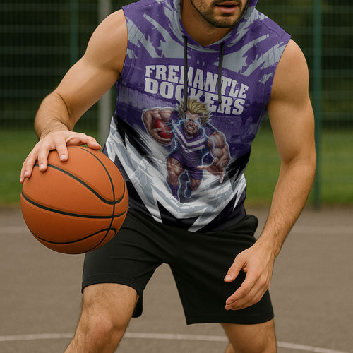 Personalised Fremantle Dockers Football Sleeveless Hoodie Anime Warrior Manga Style Lightning Bolt Cityscape
