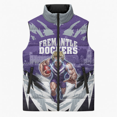 Personalised Fremantle Dockers Football Sleeveless Puffer Jacket Anime Warrior Manga Style Lightning Bolt Cityscape