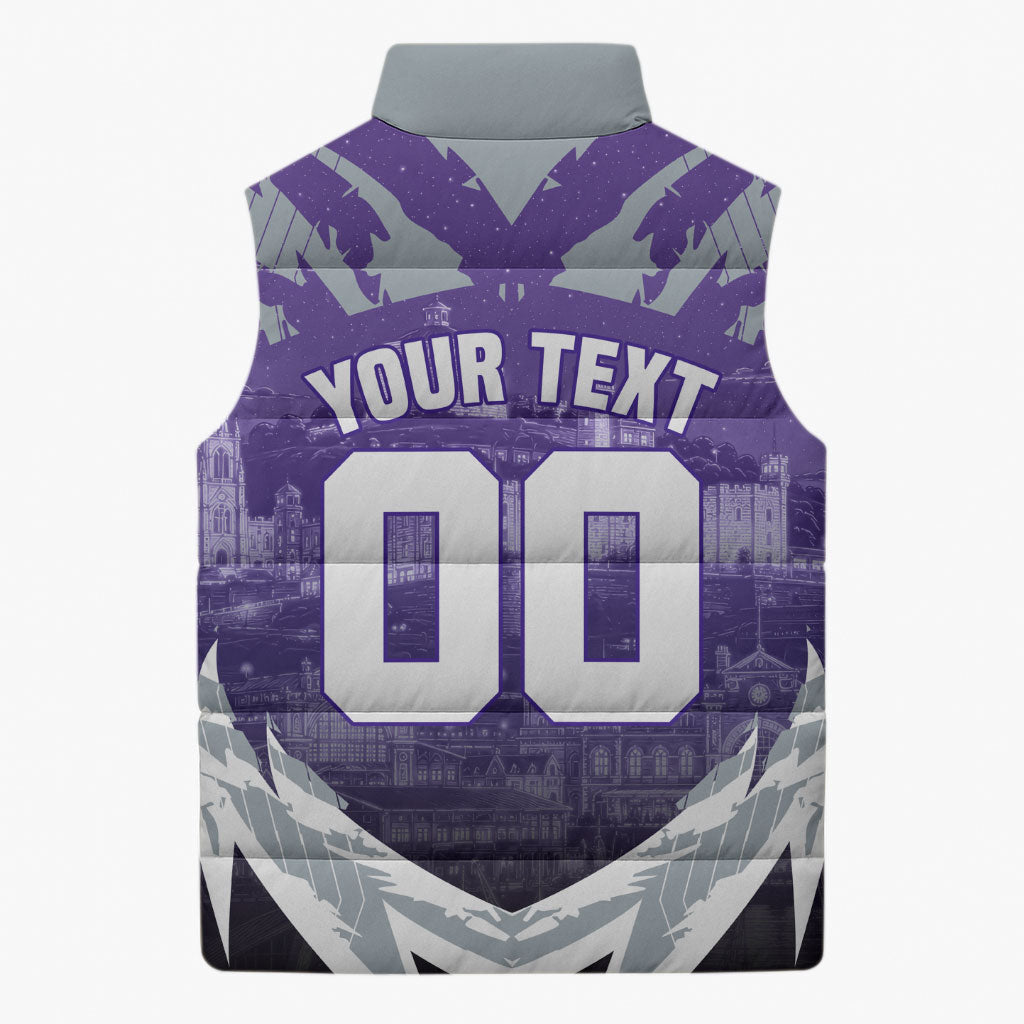 Personalised Fremantle Dockers Football Sleeveless Puffer Jacket Anime Warrior Manga Style Lightning Bolt Cityscape