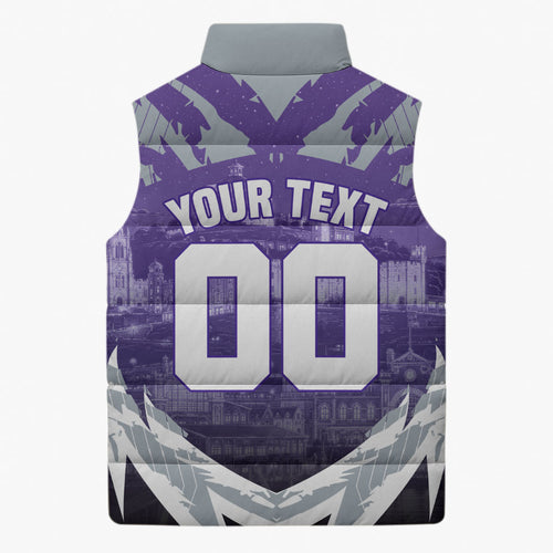 Personalised Fremantle Dockers Football Sleeveless Puffer Jacket Anime Warrior Manga Style Lightning Bolt Cityscape